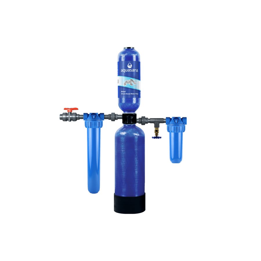 Aquasana Rhino whole-house water filter system with dual blue tanks and pre/post filter housings